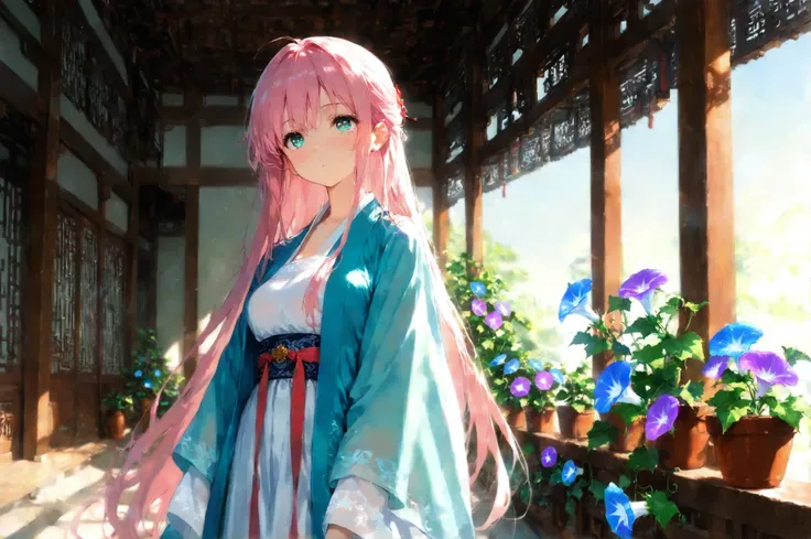 (masterpiece, best quality, amazing quality), Traditional, hanfu, pink hair, She turns around, Morning glory flower pot, soft lighting, morning,