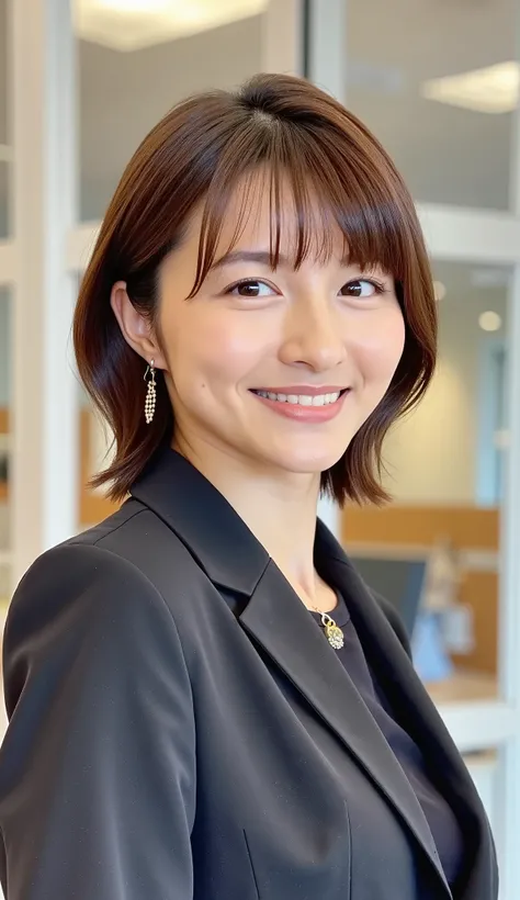 Neat Young Woman、and look at the camera、office lady suit、jacket、shirt、ネックレス、、ear piercing、、smile showing teeth、背景はオフィス
