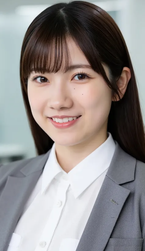 Neat Young Woman、and look at the camera、office lady suit、jacket、shirt、necklace、、ear piercing、薄い茶髪、、Has bangs、smile showing teeth、Bust Up Shot、background is office
