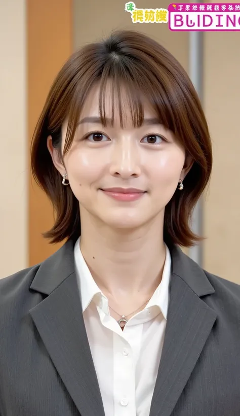 Neat Young Woman、and look at the camera、office lady suit、jacket、shirt、ネックレス、、ear piercing、、無表情、背景はオフィス
