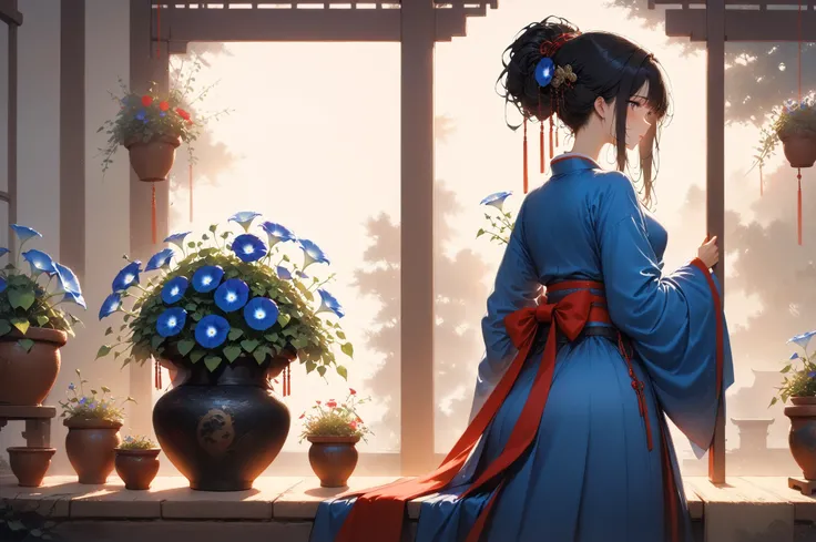 add micro details, (masterpiece, best quality, amazing quality), Traditional, hanfu, black hair, She turns around, Morning glory flower pot, soft lighting, morning, Tie her hair