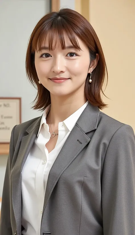 Neat Young Woman、and look at the camera、office lady suit、jacket、shirt、ネックレス、、ear piercing、、無表情、背景はオフィス

