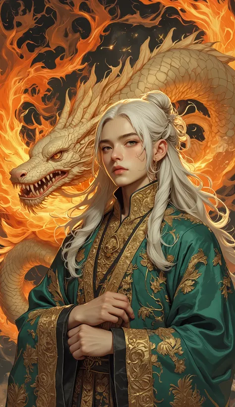 Half Body，Closeup，A stunningly handsome ancient Chinese Tang dynasty man stands in front of a dramatic backdrop，, Exuding a mysterious and ethereal presence，. His long, flowing white hair cascades down, Blending perfectly with his gorgeous robe，The robe is...