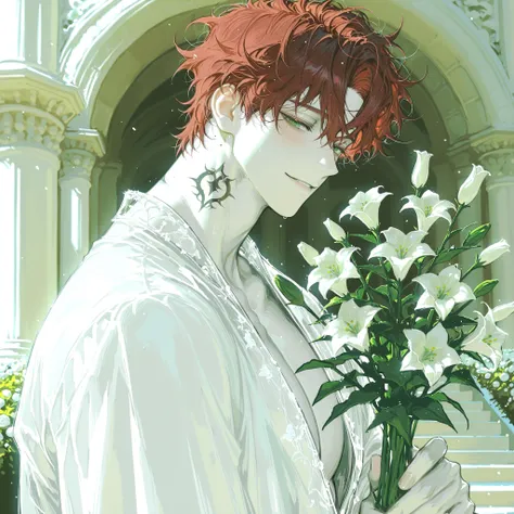 8k, beautiful masterpiece, 28 year old male, handsome, sexy, Messy Hair, wavy hair, Short hair, red hair, 1 man, male-centered, handsome man, Thick painted, tattoo on neck, green eyes, Perfect Eyes, Perfect Eyes shape, top quality, amazing quality, exquisi...