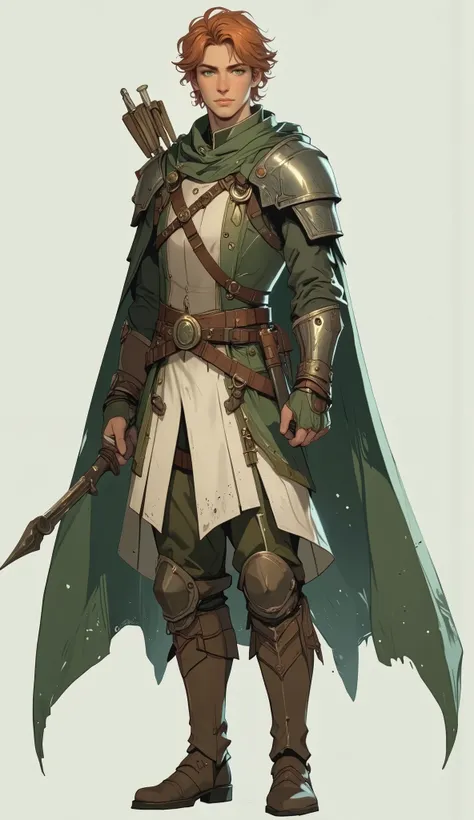 chargen_stylised_illustration, Front view, full body, character art, concept art, anime, anime drawing, archer, cocky red-head male, womanizer, handsome, forest-boy face, sfot features, charismatic commander, leather armor