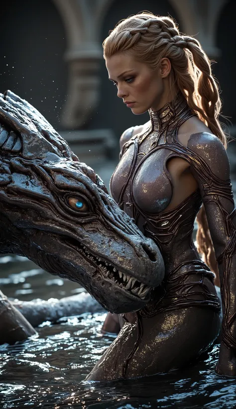 Young woman with athletic figure in ((skintight iridescent nanotech bodysuit)) that highlights her curves and feminine form, material gleaming wet as she works. ((The suit clings to every contour)), emphasizing her athletic yet sensual silhouette. She conf...