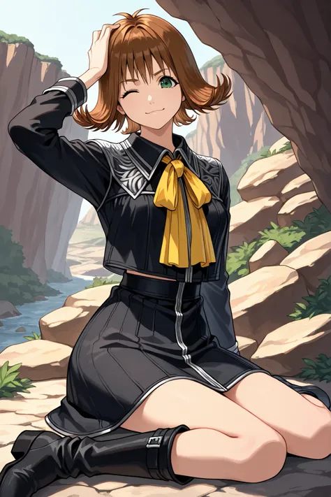 masterpiece, best quality, 1girl, solo, ff8sphe, brown hair, flipped hair, short hair, green eyes, black uniform, black shirt, cropped shirt, yellow neck ribbon, black skirt, black boots, cliff, rocks, wariza, looking at viewer, wince, smile, hand on own ...