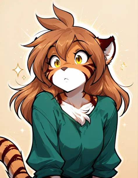 CuteToon_ST,,, masterpiece, best quality, very aesthetic, 1girl,, furry, solo, flora-twokinds, flora_twokinds,, tiger, striped fur, keidran, yellow eyes, anthro,, green shirt