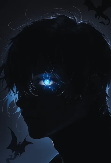 Asuka, ((black silhouette:1.6, eyes only)), lightning eyes, eye trail, young man descendant of dragon, top quality, one man, solo, blue outline, face focus, half face, head_outside_the_frame, Backgrounds: Dragon silhouette