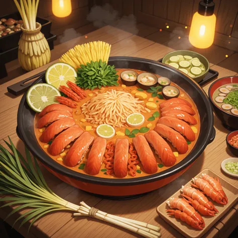 Detailed food illustration of a steaming bowl of delicious Tom Yum soup — vibrant orange-red broth filled with prawns, mushrooms, lemongrass, lime leaves, chili, and fresh herbs. Garnished with lime wedges and coriander, served in a traditional ceramic bow...