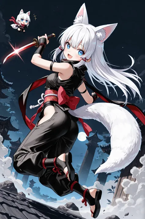 ((Masterpiece)),((best quality)),((incredibly absurdres)),((8K)),((anime style),
(1 chibi girl),((Deformed chibi)),(anime chibi),solo,white hair,long hair,straight hair,blue eyes, face,cute,kawaii,BREAK (white fox ears,white fox tail),white ear hair,pink i...