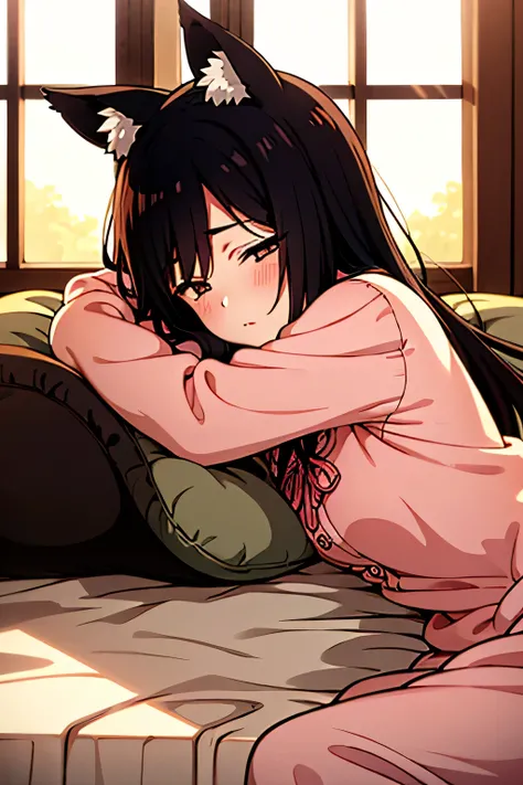  laid-back afternoon 、Young girl with pink cat ears, Put your head on your hands , long black hair with bangs, wearing a white ruffled nightgown, A faint blush, lies on white sheets, soft morning light shining through a window, Gentle Shadow, Cozy Serene A...