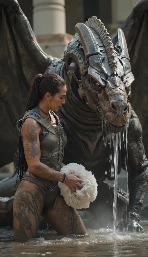 Young woman with athletic figure in ((skintight iridescent nanotech bodysuit)) that highlights her curves and feminine form, material gleaming wet as she works. ((The suit clings to every contour)), emphasizing her athletic yet sensual silhouette. She conf...