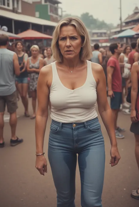 45 blond year old mom in jeans at a daytime tailgate party. She looks very upset and embarrassed.