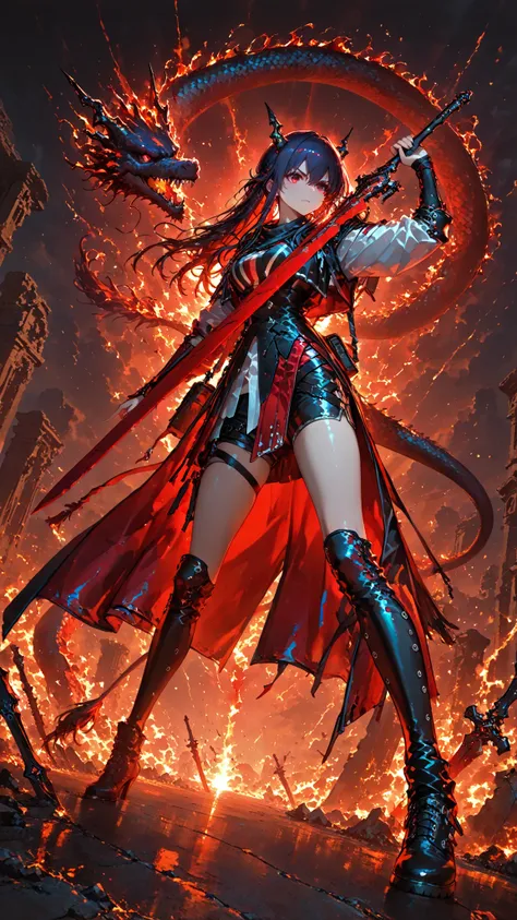 1girl , solo , Cradle of the Crucible , Facing the final battle , Heir to the Dragon Clan , The guardian spirit of the dragon protects her ,
Ch'en Hui-chieh_Arknights , Ch'en's sword Red Dawn , Jumper, white shirt, hot pants, combat long boots , fighting ...