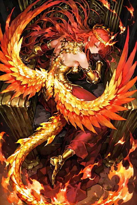 IBG,Dragon heir、半竜半人、golden armor、Winged Back、Crown of Flame、Emerald Eyes、majestic throne、Magical Crest、mystical aura、fantastic light