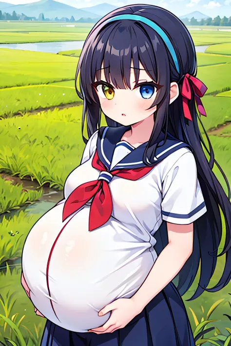(high quality), 1girl, high school girl, dark hair, extremely long hair, two tone hair, (heterochromia, red and blue eye), small breast, (big pregnant, huge round pregnant size), side hair ribbon, hair band, anime style, sailor uniform,dark blue skirt, sta...