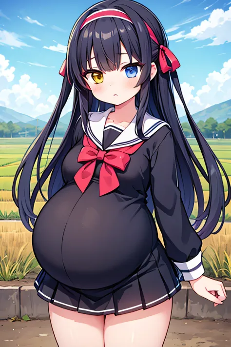 (high quality), 1girl, high school girl, dark hair, extremely long hair, two tone hair, (heterochromia, blue and violet eye), small breast, (big pregnant, huge round pregnant size), side hair ribbon, hair band, anime style, dark sailor uniform, dark skirt,...