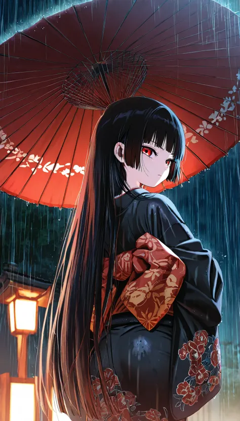 masterpiece, High Quality, High Quality , Newest, night,rain,Outdoors,glare,I don't see viewers One Samurai Girl, Alone,
Enma Ai, Kimono, long hair, black hair, luxurious embroidered Kimono , Home Cut, bang, blunt bang, gem, black Kimono, Red Eyes...