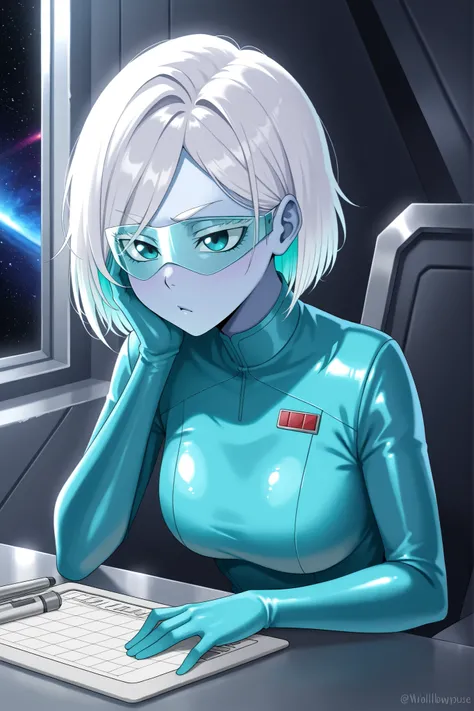 Masterpiece, highly detailed, beautiful woman, character, Alien, female, slender, willowy physique, white eyebrows, thin eyebrows, tsurime eyes, curious expression, iridescent white hair, featherlike hair, blue skin, teal uniform,  safety glasses, sitting ...