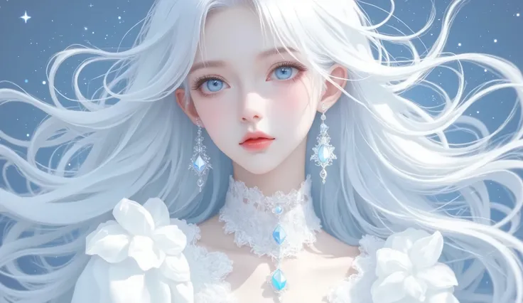 beautiful anime portrait with blue hair,is wearing a white shirt,antiquity风格的艺术作品,Flowing white hair,beautiful anime portrait,white hair floating in the air,soft anime illustration composed of starry sky water elements,White-haired girl,stunning anime face...