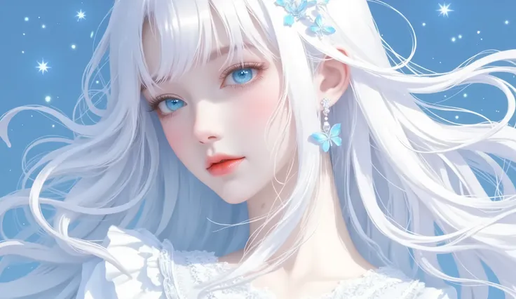 beautiful anime portrait with blue hair,is wearing a white shirt,antiquity风格的艺术作品,Flowing white hair,beautiful anime portrait,white hair floating in the air,soft anime illustration composed of starry sky water elements,White-haired girl,stunning anime face...