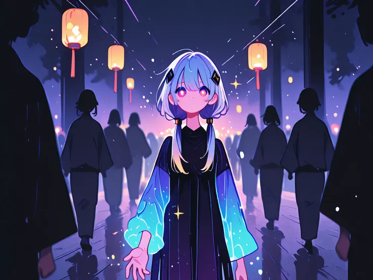 k4fu, diamond hair ornament, hair over shoulder, low twintails, multicolored eyes, white pupils, bright pupils,Vocaloid, Kafu,  anime style, KAFU walking against crowd flow, translucent crowd silhouette, glowing paper lanterns, selective focus on character...