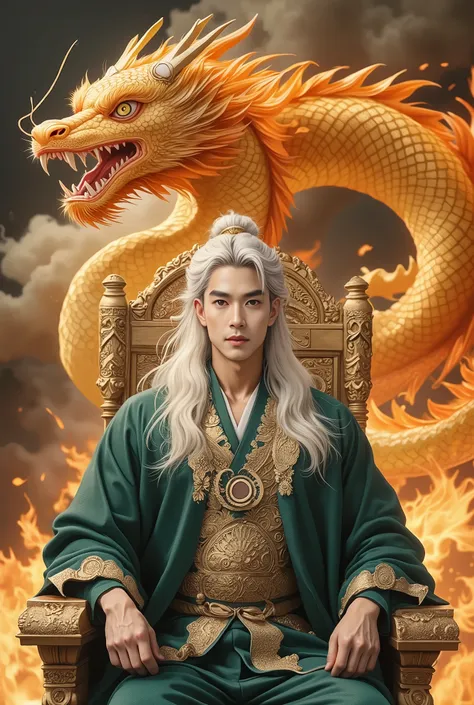Half Body，Closeup，In front of a majestic ancient Chinese Tang dynasty handsome man sitting on a throne，Dramatic background，, Exuding a mysterious and ethereal presence，. His long, flowing white hair cascades down, Blending perfectly with his gorgeous robe，...
