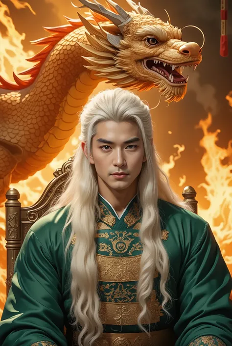 Half Body，Closeup，In front of a majestic ancient Chinese Tang dynasty handsome man sitting on a throne，Dramatic background，, Exuding a mysterious and ethereal presence，. His long, flowing white hair cascades down, Blending perfectly with his gorgeous robe，...