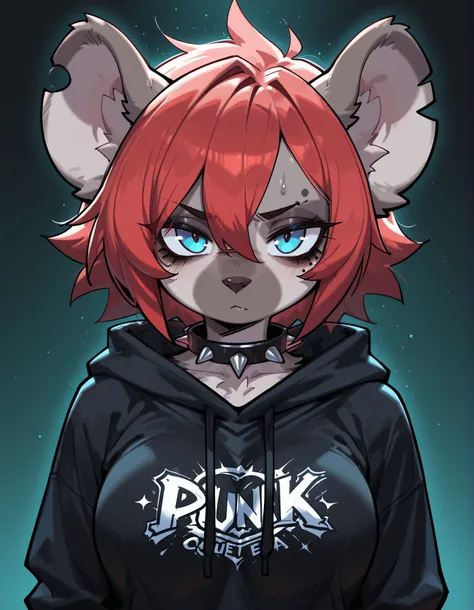 CuteToon_ST,, 1girl, solo, anthro hyena, furry, furry female, blue eyes, punk, grey fur, black hoodie, breast, spike collar, red hair,