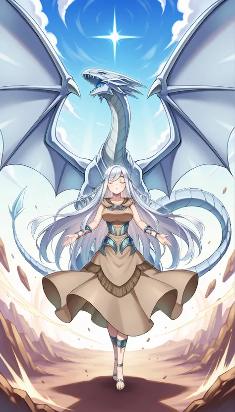 Wandering King, Yu-Gi-Oh!,by Official Illustration, Blue Eyed White Dragon ,blue eyed maiden, 1girl, DRAGON, solo, silver bracelet, blue ring , rimless, blue eyes white DRAGON, (忠実な Blue Eyed White Dragon ),accumulating a burst stream of destruction,brown ...