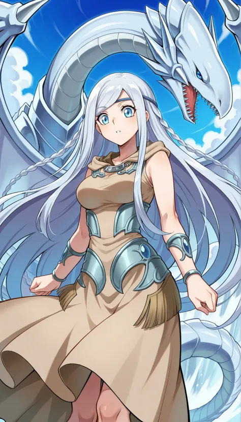 Wandering King, Yu-Gi-Oh!,by Official Illustration, Blue Eyed White Dragon ,blue eyed maiden, 1girl, DRAGON, solo, silver bracelet, blue ring , rimless, blue eyes white DRAGON, (忠実な Blue Eyed White Dragon ),Burst Stream of Destruction,brown dress,Otome Dan...