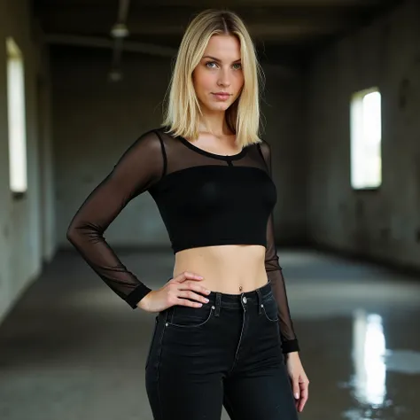 1girl, full body shot, photorealistic, white European woman, German ethnicity, light skin, young adult, round face, pretty but natural, everyday street beauty, girl-next-door charm, chin-length blond hair, strictly middle-parted, pin-straight hair, confide...