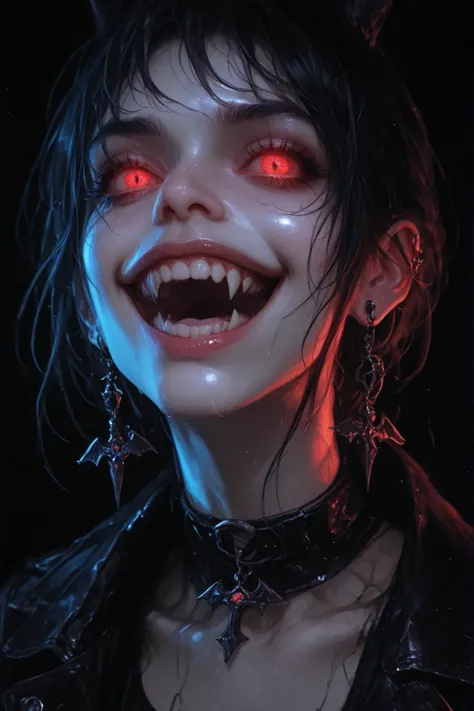 In this striking hyperrealistic digital illustration, a woman with a supernatural, vampiric appearance is captured in dramatic close-up. Her face distorts into a vicious, evil grin, revealing sharp, menacing teeth. Her bright, glowing red eyes contribute t...