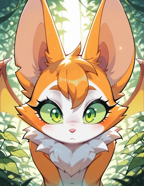 CuteToon_ST,, masterpiece, best quality, very aesthetic, (1girl:0.7),, (solo:1.3), furry, fidget \(elysian tail\), nimbat, fidget_daet, anthro, furry female, wings, tail, green eyes, colored sclera, bat wings, facial markings, orange fur, white fur, two-to...