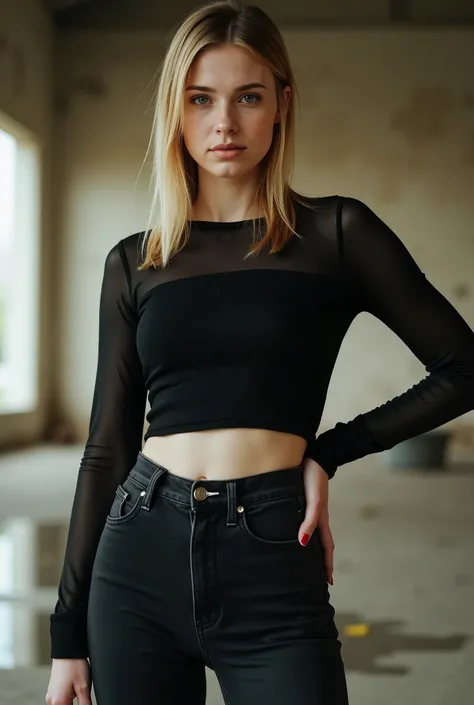 1girl, full body shot, photorealistic, white European woman, German ethnicity, light skin, young adult, round face, pretty but natural, everyday street beauty, girl-next-door charm, chin-length blond hair, strictly middle-parted, pin-straight hair, confide...