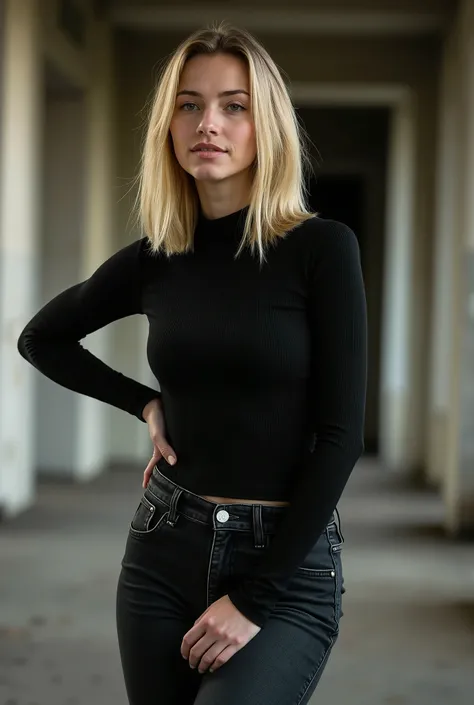 tgnd, 1girl, full body shot, photorealistic, white European woman, German ethnicity, light skin, young adult, round face, pretty but natural, everyday street beauty, girl-next-door charm, chin-length blond hair, strictly middle-parted, pin-straight hair, c...