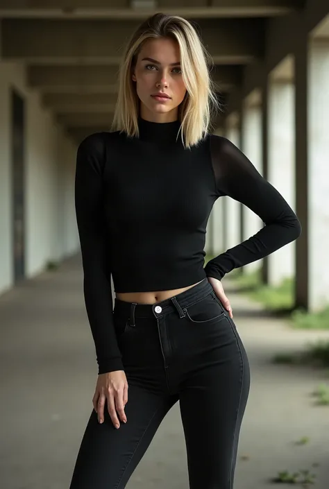 1girl, full body shot, photorealistic, white European woman, German ethnicity, light skin, young adult, round face, pretty but natural, everyday street beauty, girl-next-door charm, chin-length blond hair, strictly middle-parted, pin-straight hair, confide...