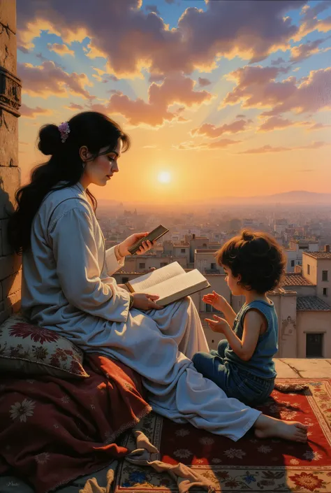 created a painting with oil painting with huge details , In the style of the artist Leonardo Davinci , In the era of the European renaissance , . A fully detailed painting of an Arab woman sitting on the roof of the house on an Arabic carpet with a book i...