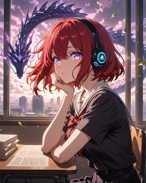 red-haired anime girl in a Japanese school uniform, sitting in a classroom on the second or third floor, near the window, with her chin resting on her hand, looking outside with a bored and dreamy expression. She wears a cute cat-ear gaming headset and has...