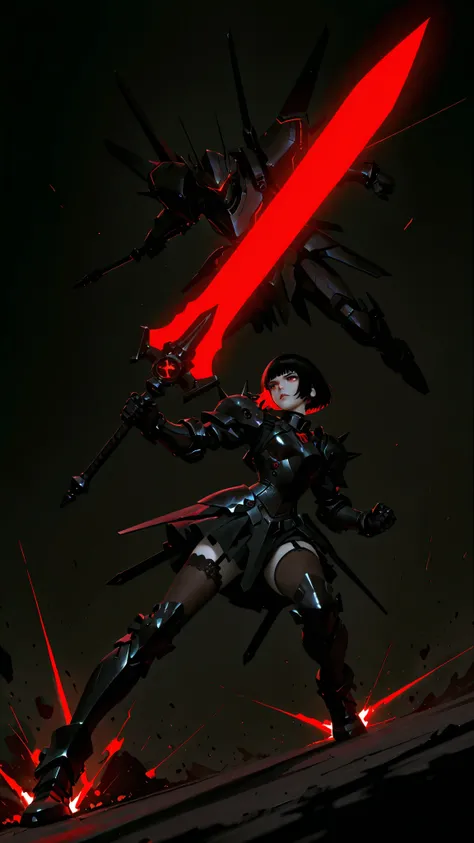 Mid-action shot of the gothic anime girl with straight, black bob-cut hair and pale skin, wearing a lightweight black mecha armor with gothic metallic details, anime girl delivering a powerful strike with her bone weapon, smashing against the creature. Deb...