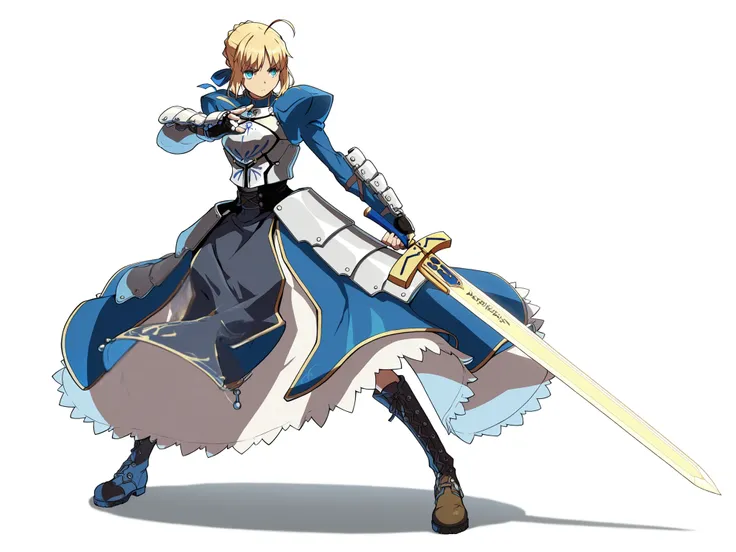 White background, high quality image, source_anime, Fate Stay Night, Saber, 1girl, meduim breasts, lithe body, blue eyes, neutral expression, blonde hair, knight dress, armor, gauntlets, combat boots, holding excalibur, stance, Guilty Gear design