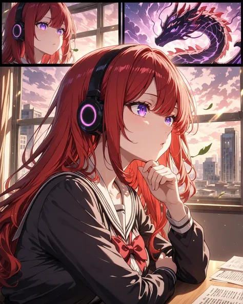 side angle, close-up: slightly above and behind the shoulder, focus on her expression and the contrast between the calm classroom and the fantasy outside., (high detail, vivid colors, 4k, masterpiece), {1woman}: (beautiful woman with an attractive body an...