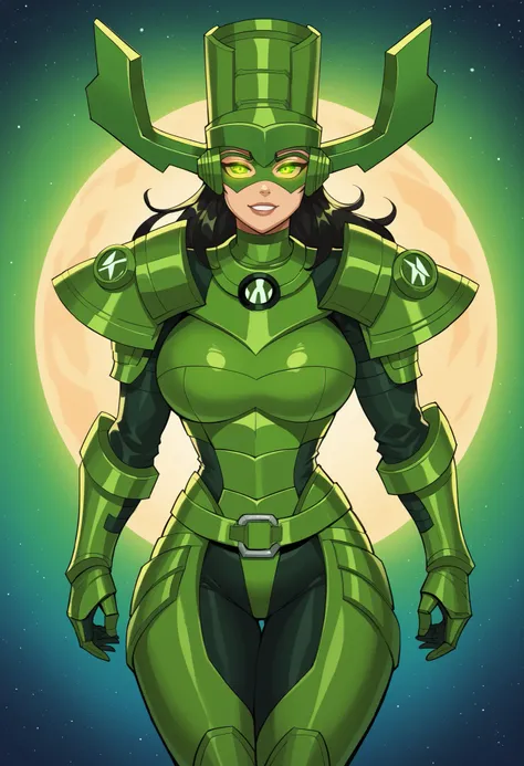 {{masterpiece, ultra-high quality, professionally detailed, professionally shaded}}, score_7_above, looking at the spectator , light smile, ROMPER PONYXL _Galacta_daughter of galactus_ ownwaifu, 1 girl, mask, green mask, green eyes, black hair, wide hair ...