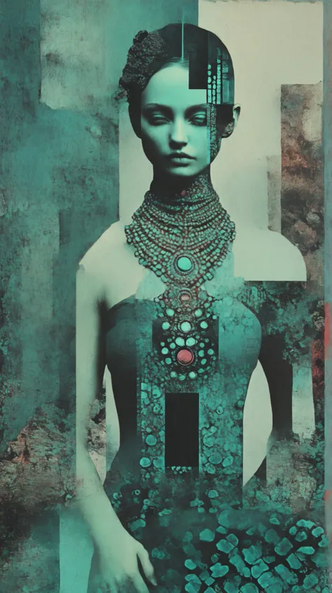 A surreal painting : a woman's body in Mayas who is leaning with her hands against a wall painted with a mandala, She gives her back to the camera, she transforms into a kaleidoscopic vortex, her skin is transformed into a fascinating tapestry of colors an...