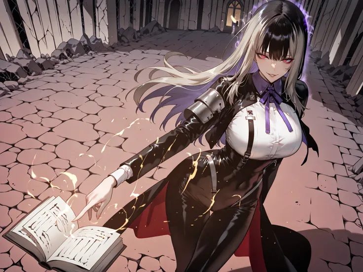 Ball of Light、雷magic、taken from above、caveの中、Ruins、black suit、black longsuit、 black long jacket、ゴスロリなshirt、Depressed、Tall Woman、A woman in her thirties、 Alassah's woman、Steins;Gate、 black longsuit 、score_9, score_8_up, score_7_up, Source_anime,masterpiece、...