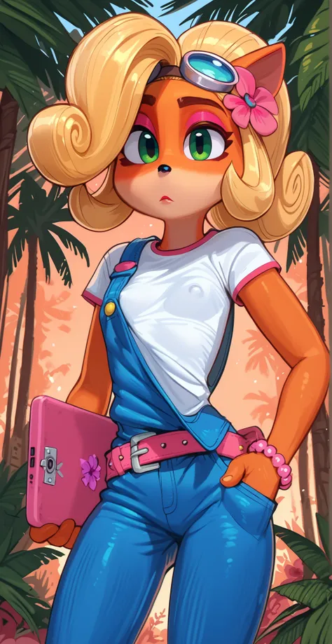 ((Coco bandicoot)), ((pixelsketcher)), ((wamudraws)), (solo portrait, low angle), (attractive figure, small breast, beautiful legs, orange fur, beige underbelly, black nose, lidded eyes, cute green eyes, short eyelashes, blonde hair, curly ponytail, curly ...