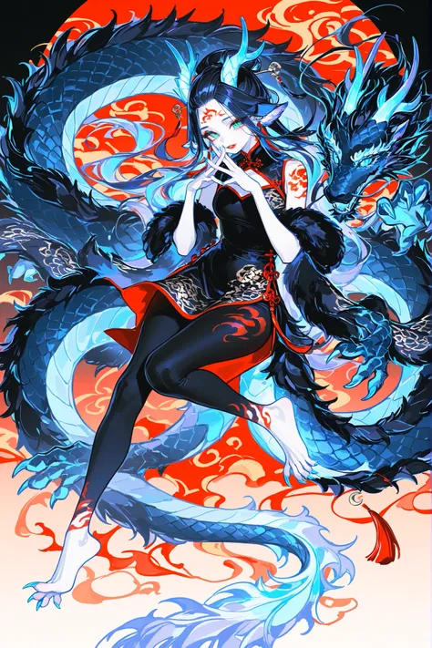 Girl is Azure dragon Lúng,she is hybrid of Eastern dragon. She has a sporty feminine bodybuilding. She has a pale skin covered with  navy blue and azure scales with Nazar pattern. She has red fire stripes tattoos on her face , and all over her body. Her li...