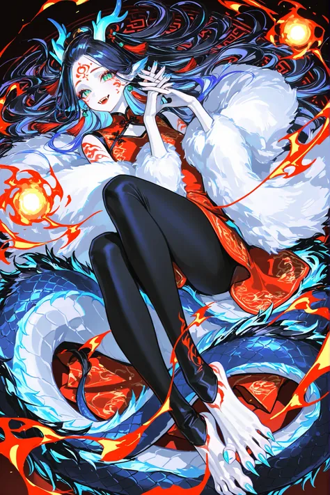 Girl is Azure dragon Lúng,she is hybrid of Eastern dragon. She has a sporty feminine bodybuilding. She has a pale skin covered with  navy blue and azure scales with Nazar pattern. She has red fire stripes tattoos on her face , and all over her body. Her li...