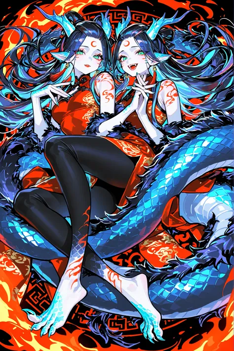 Girl is Azure dragon Lúng,she is hybrid of Eastern dragon. She has a sporty feminine bodybuilding. She has a pale skin covered with  navy blue and azure scales with Nazar pattern. She has red fire stripes tattoos on her face , and all over her body. Her li...